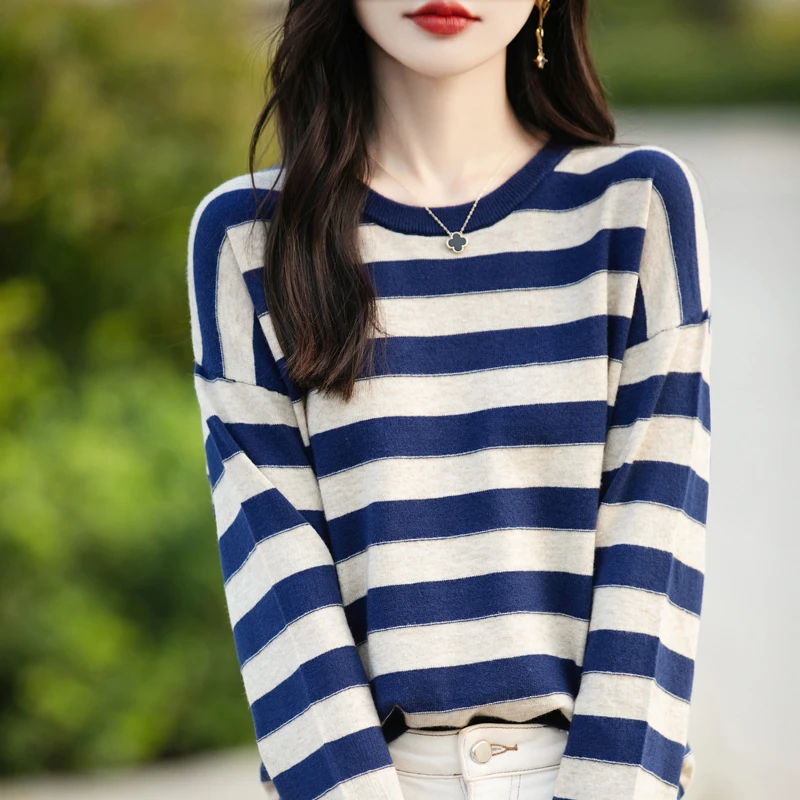 哥弟阿玛施正品秋冬圆领毛针织衫时尚显瘦休闲宽松洋气条纹上衣女