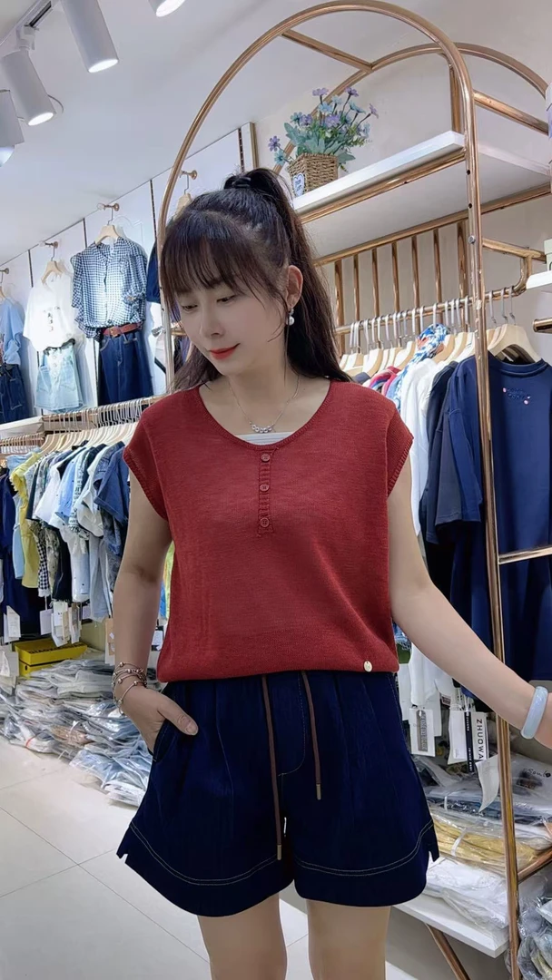 【韩衣舍】套头款短袖常规圆领夏季针织衫宽松无袖休闲纯色