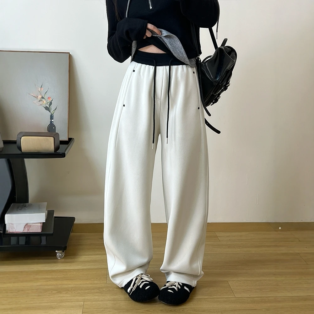 美式复古高腰显瘦阔腿弯刀裤女春秋冬百搭抽绳松紧腰休闲运动卫裤