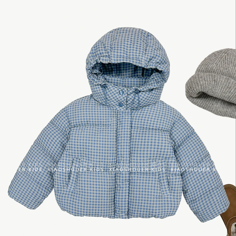 【小首尔】现货-男女童冬蓝格纹双倍加厚保暖连帽棉服MPG5463