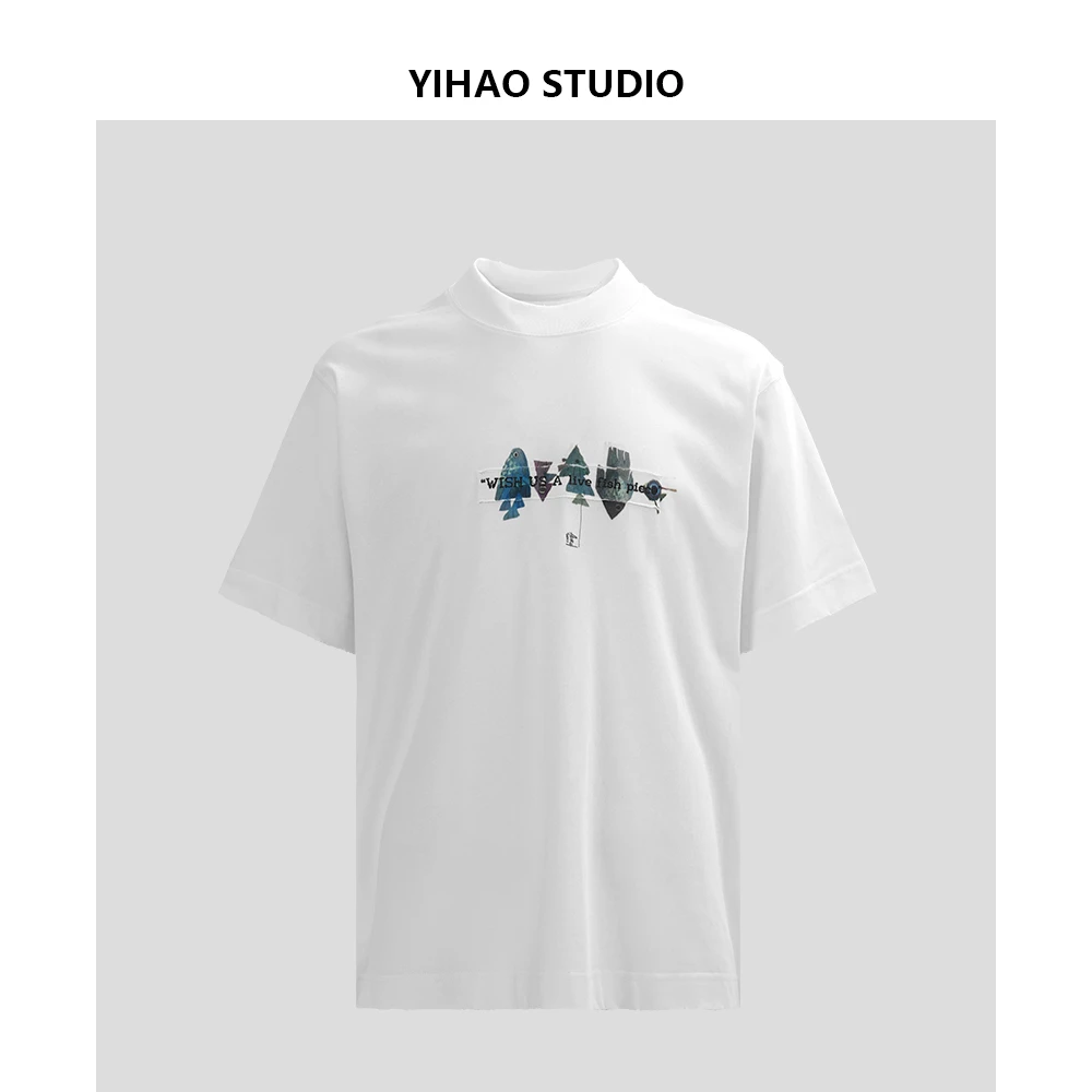 YIHAO STUDIO夏季男款小鱼印花纯棉半袖T恤百搭休闲宽松圆领短袖
