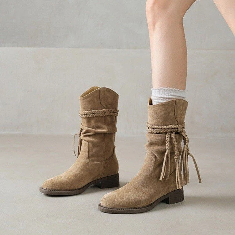 粗跟中筒英伦风流苏勃肯小短靴女2025新款秋复古平底堆堆瘦瘦靴子