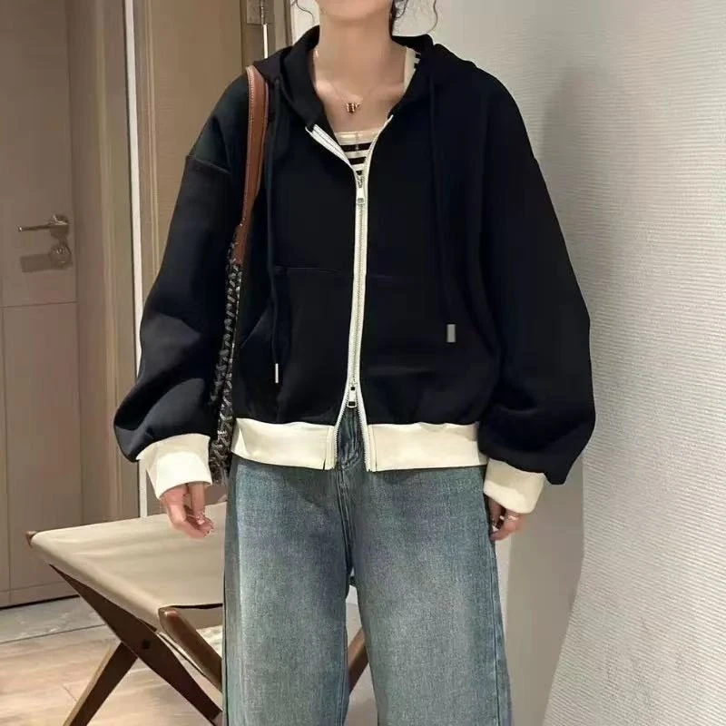 线下品牌春秋韩版外套时尚休闲宽松百搭拼色拉链连帽卫衣新款上衣