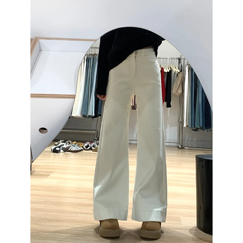 大码米杏色不贴腿微喇宽松牛仔裤女夏季新款显瘦慵懒休闲直筒长裤