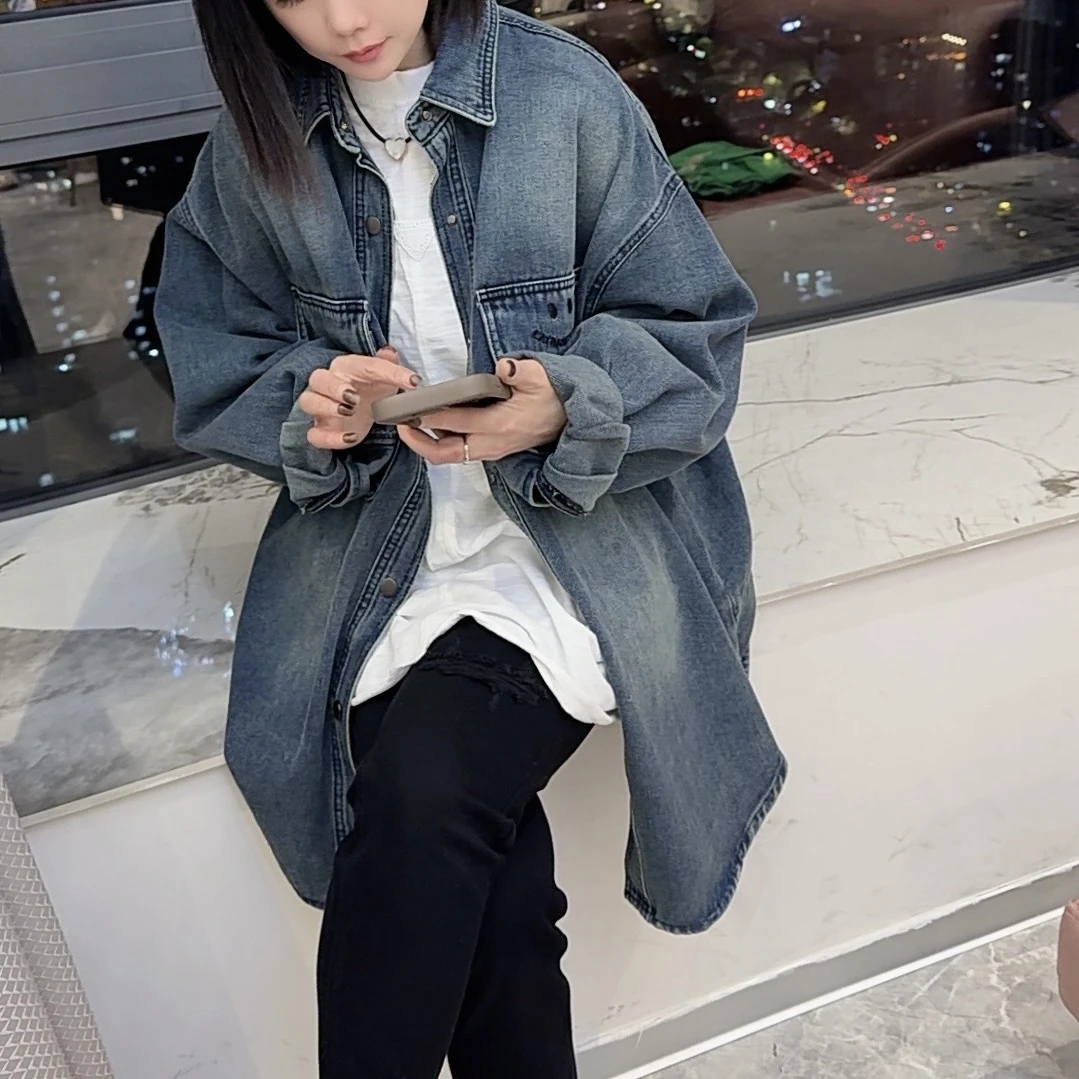 新款时尚潮流休闲百搭笑脸刺绣牛仔衬衫8808