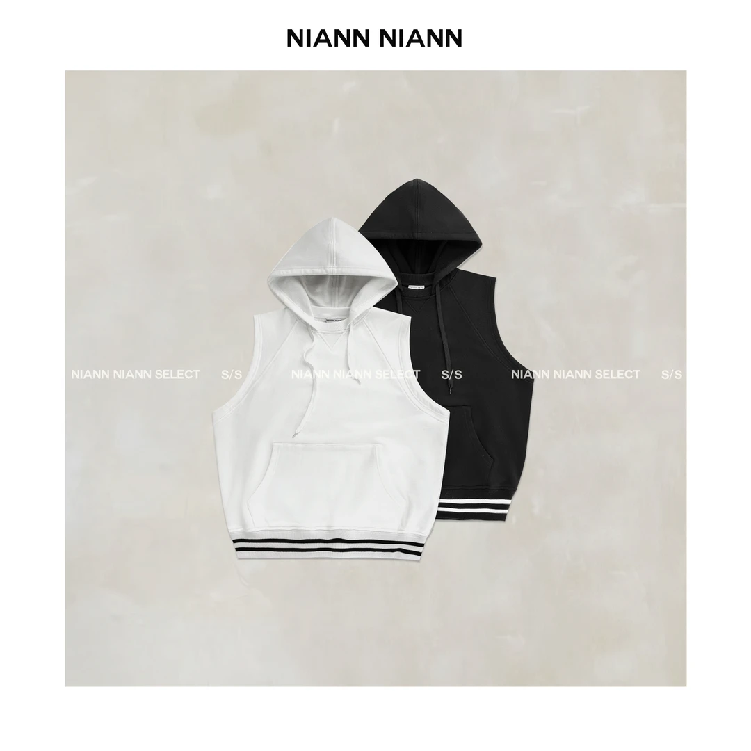 NiannNiann 新品女装连帽抽绳宽松棉质字母短款无袖卫衣13818