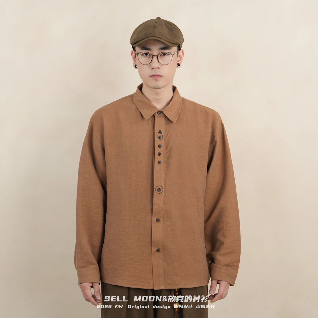 SELLMOON2025秋冬新款新中式国风刺绣小众设计款宽松百搭长袖衬衫