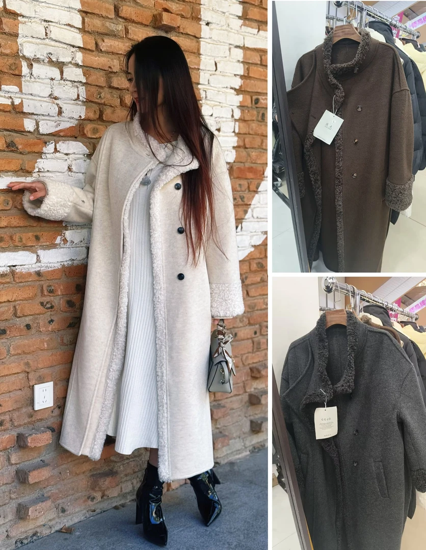 SYY-024秋冬拼接纯色厚款立领长款女双面呢外套大衣女款