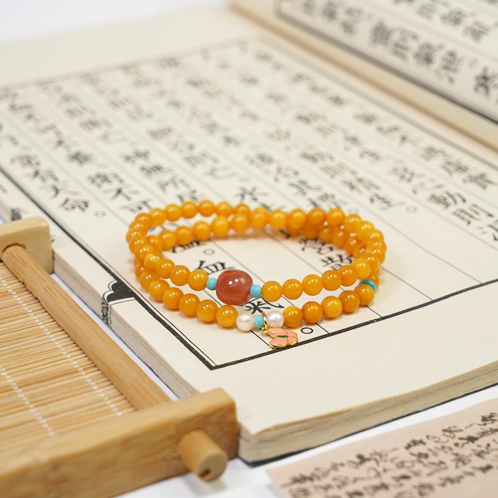 天然俄料蜜蜡鸡油黄双圈小众设计手串QF-B94（多样性发一）