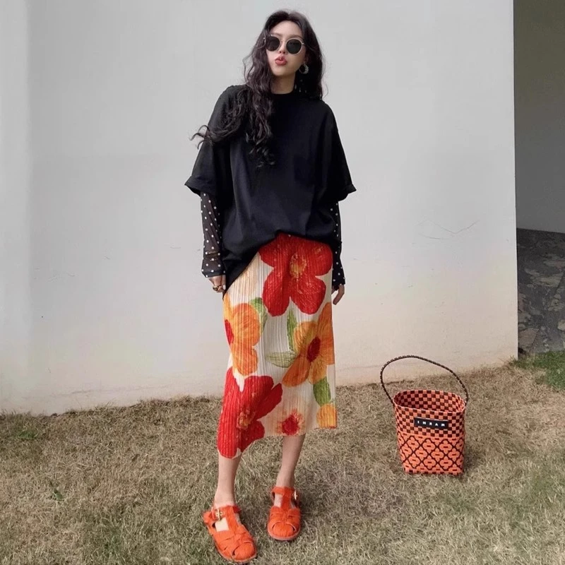 三宅高端褶皱半身裙女夏季花色直筒裙气质显瘦高腰印花百褶长裙