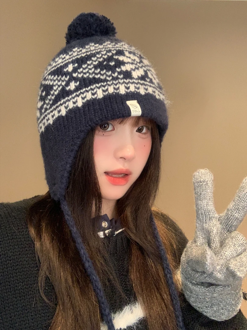 费尔岛风保暖护耳帽子女秋冬季百搭保暖毛线帽流苏系带针织毛线帽