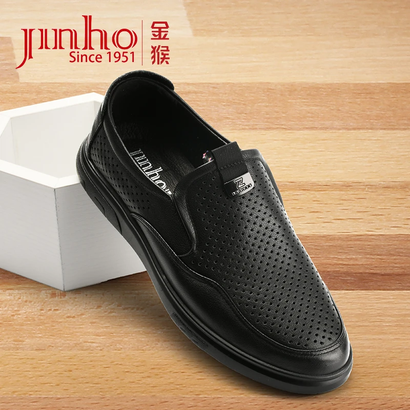 Jinho/金猴新款休闲男皮鞋夏季镂空真皮软底一脚蹬男鞋3800823A