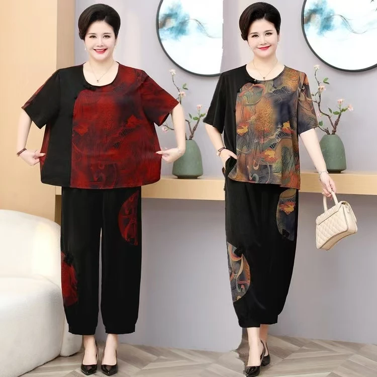 2024-65夏季新款网红复古中国风印花民族风提花套装时尚春夏套装
