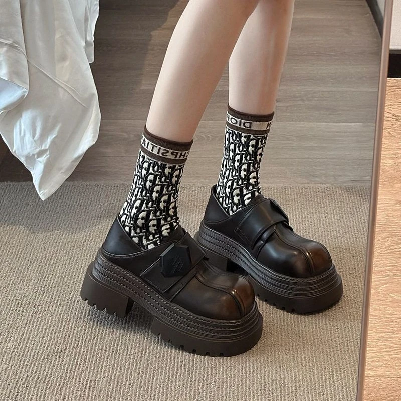 厚底粗跟英伦风小皮鞋女2025新款春季百搭增高女鞋单鞋黑色乐福