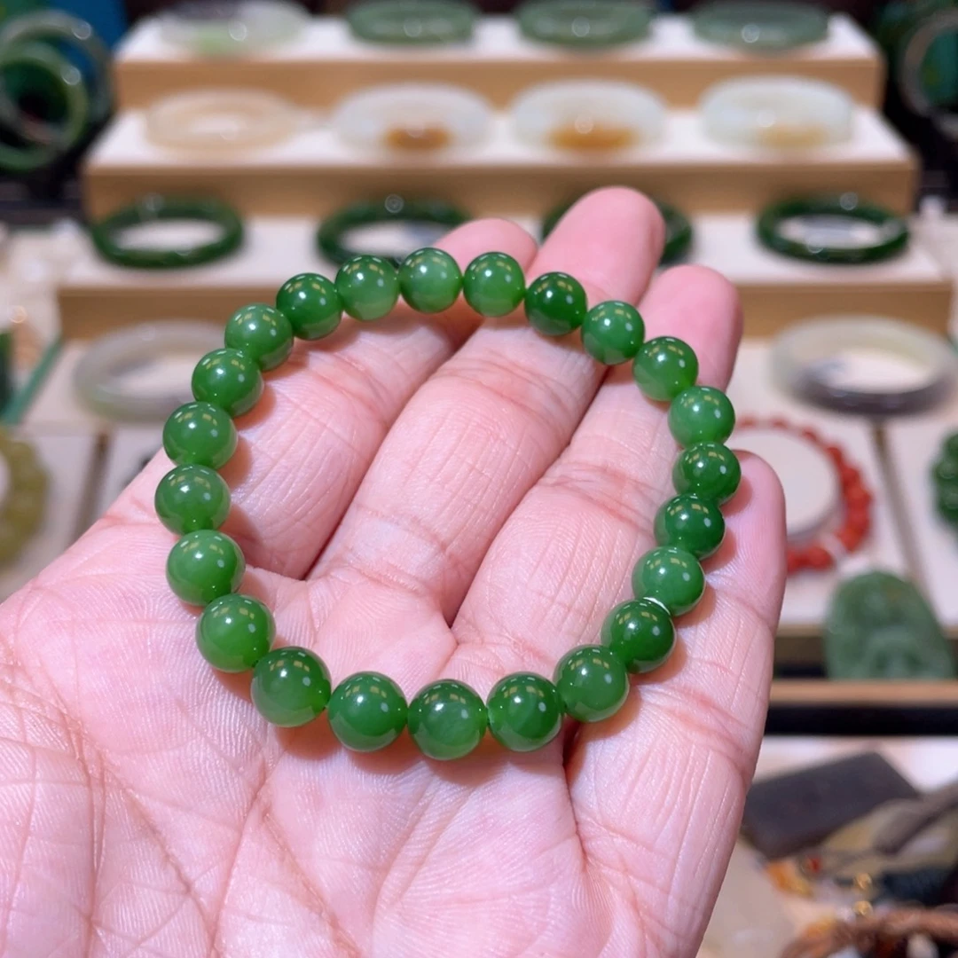 和田玉高品碧玉绿猫眼手串卡8未镶嵌