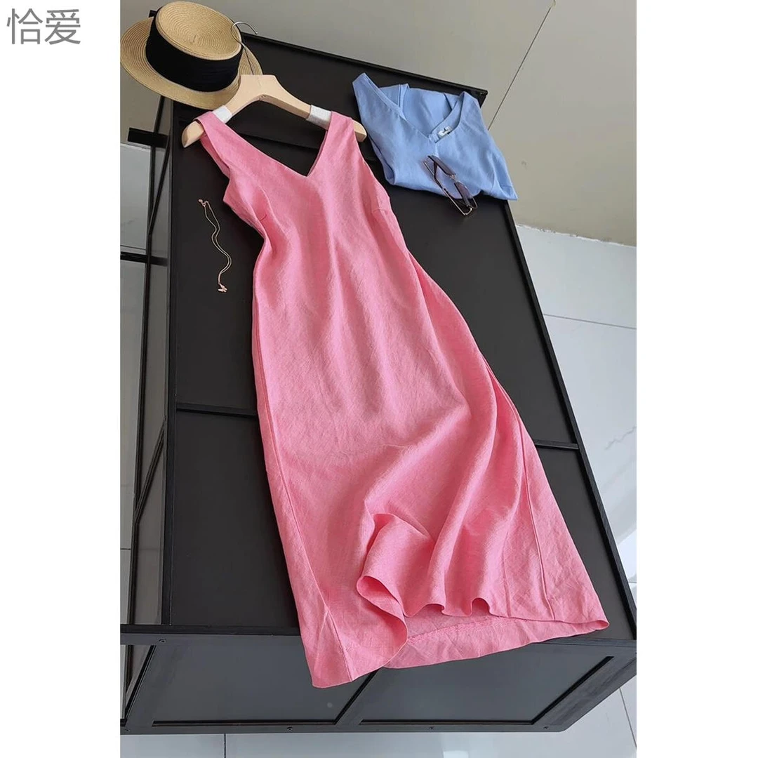 亚麻背心裙女夏季2025新款法式今年流行甜假风洋装中长裙女