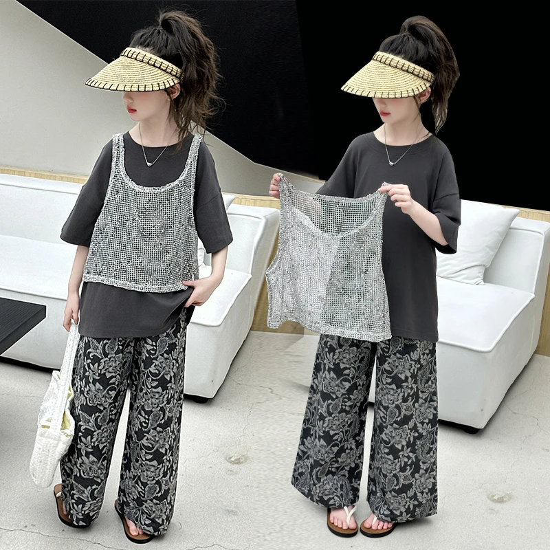 女童韩系休闲套装2025夏新款儿童镂空短袖T恤阔腿防蚊裤子三件套