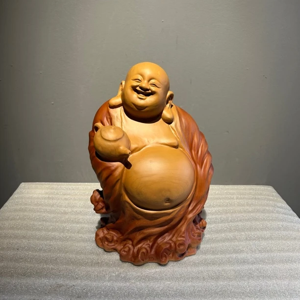 茶壶小弥勒根雕香樟木雕刻摆件精雕实木工艺品办公室小摆件笑佛