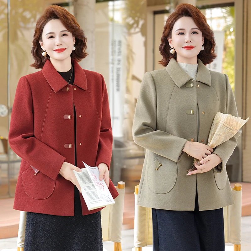 妈妈秋装新款毛呢外套洋气高贵翻领上衣中老年女秋冬呢子大衣短款