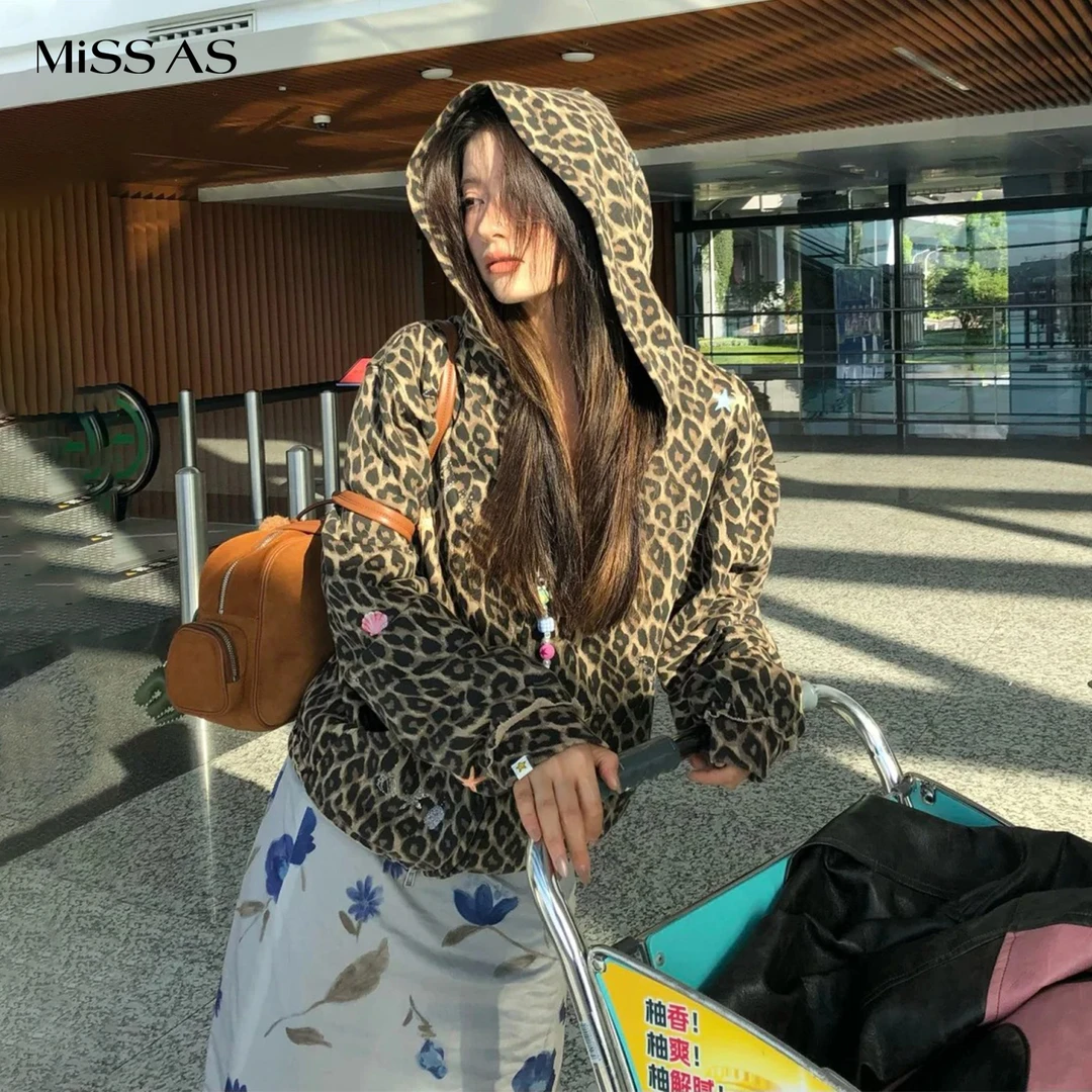 【海陆同款】Alexia Sandra美式复古海洋印花烫钻豹纹连帽开衫25秋