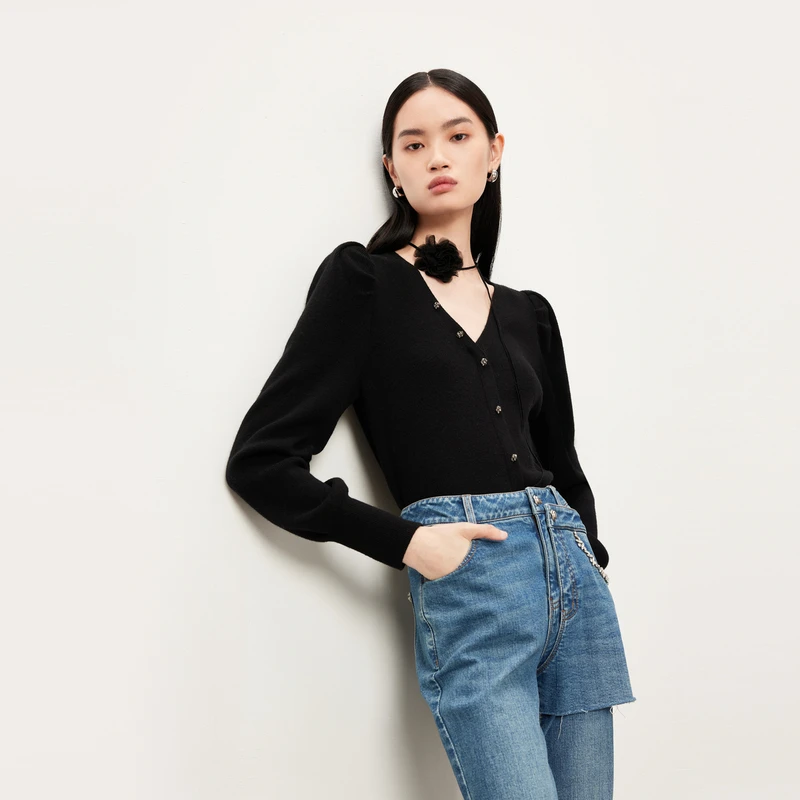 【商场同款】HPLY荷比俪2023冬季新款泡泡袖V领针织衫HMD43650067