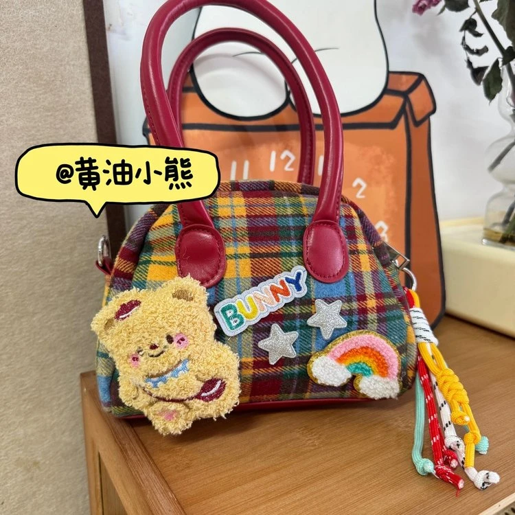 黄油小熊ins精致格子kitty包包女可爱手提包时尚小拎包通勤斜挎包