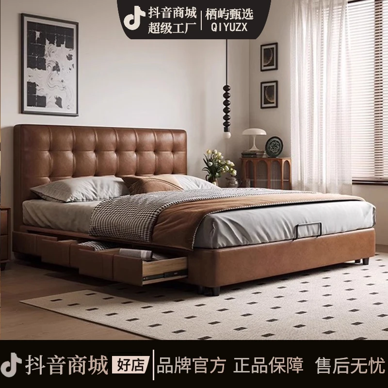 华夫格床中古风榉木主卧双人床储物收纳法式复古真皮床