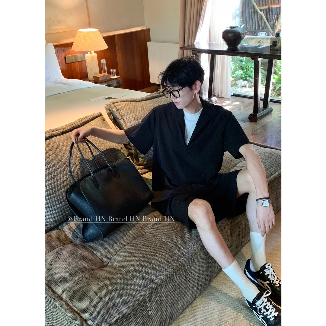 HN潮牌-【现货假两件】套装男女夏季薄款透气高级感衬衫短裤两件套