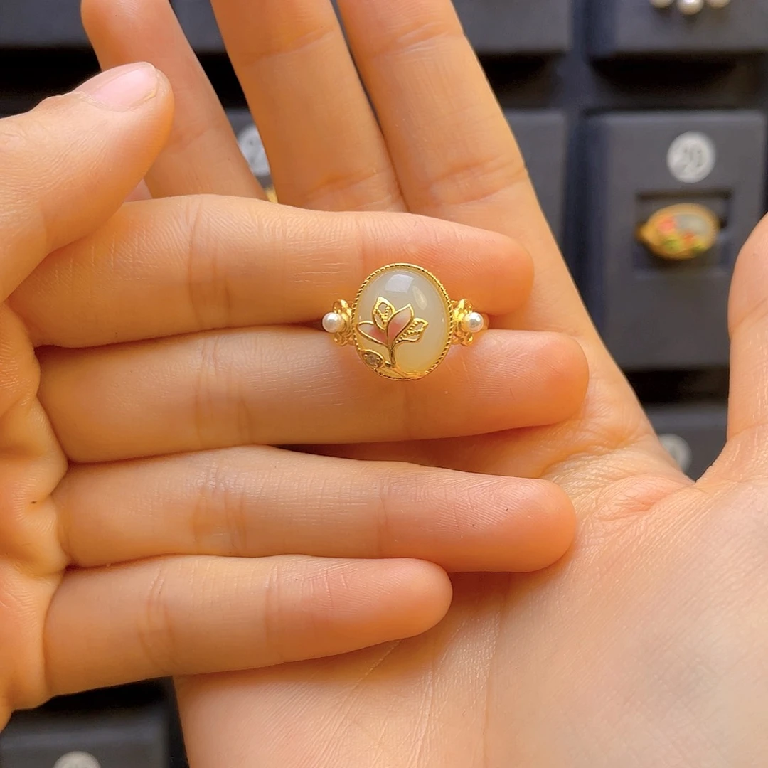 和田玉戒指银S925镀金镶嵌