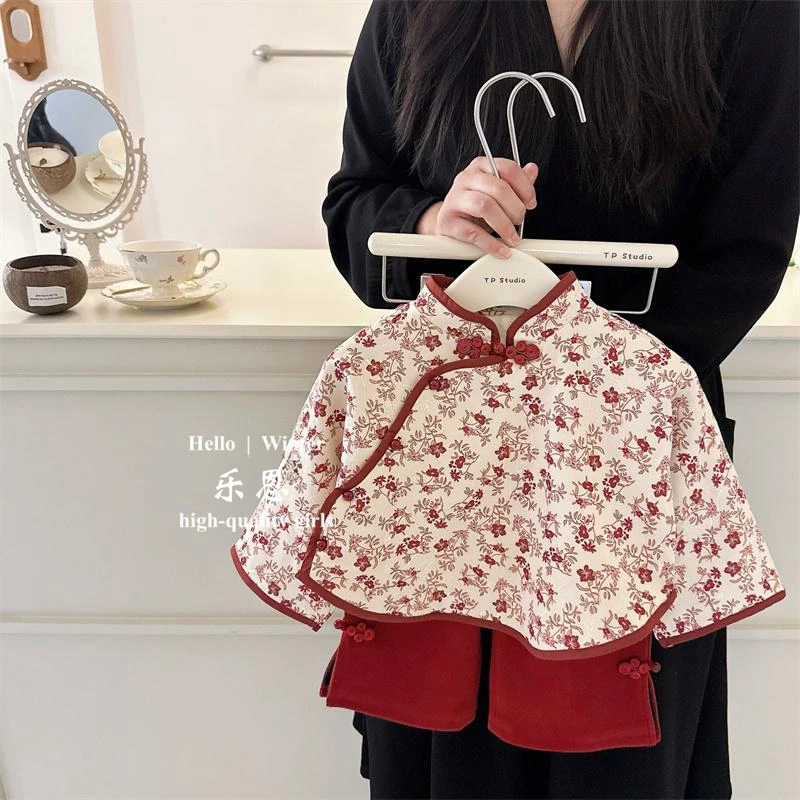 现货女童冬季唐装拜年服套装红色周岁套装女宝宝秋冬汉服旗袍