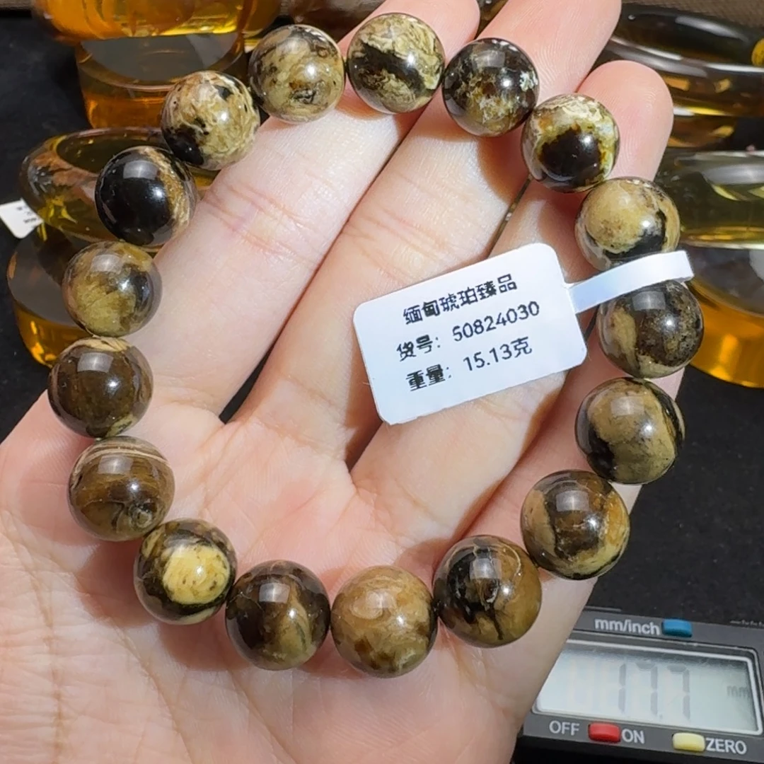 琥珀未镶嵌珠宝奇石12mm白花根藻溶洞单圈