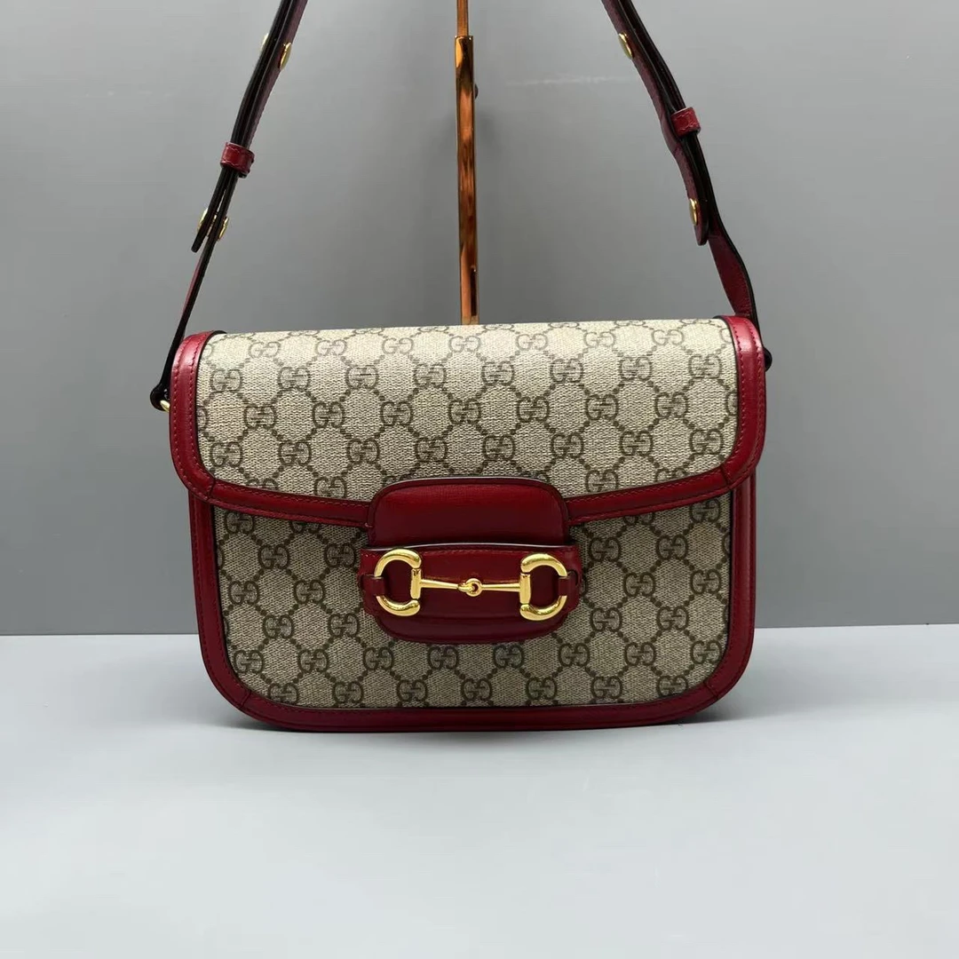 95新 GUCCI/古驰 老花拼红色1955马鞍包 尺寸25*18 SV15842