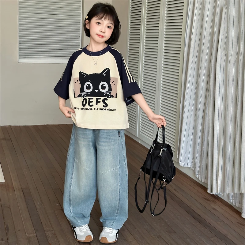 女童夏装潮酷短袖套装2025新款中大童女孩洋气牛仔弯刀裤两件套潮