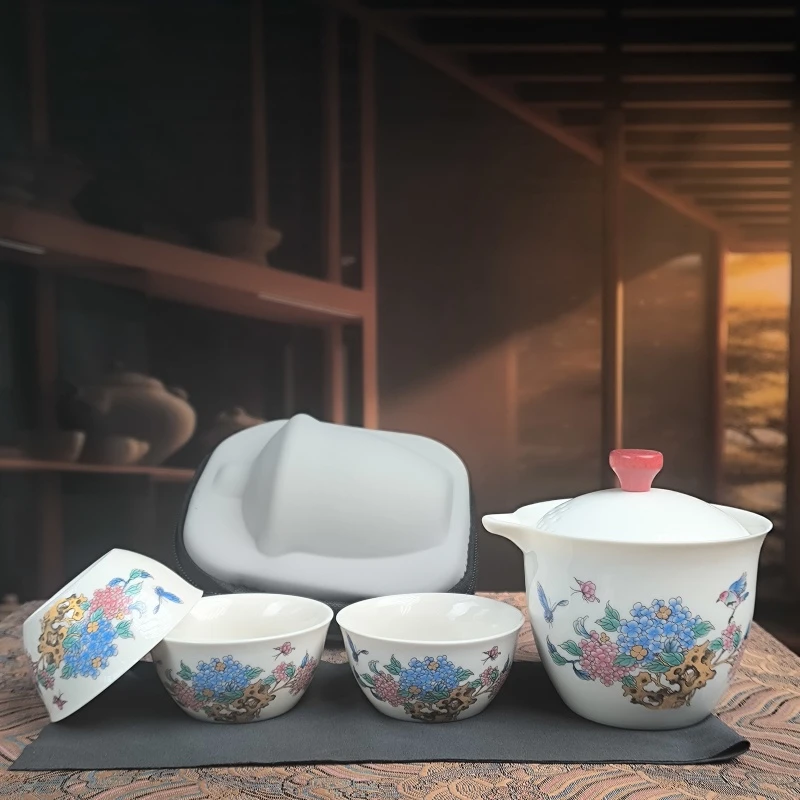 阿七的器 绣球花喜上眉梢一壶三杯户外便携旅行茶具A12521