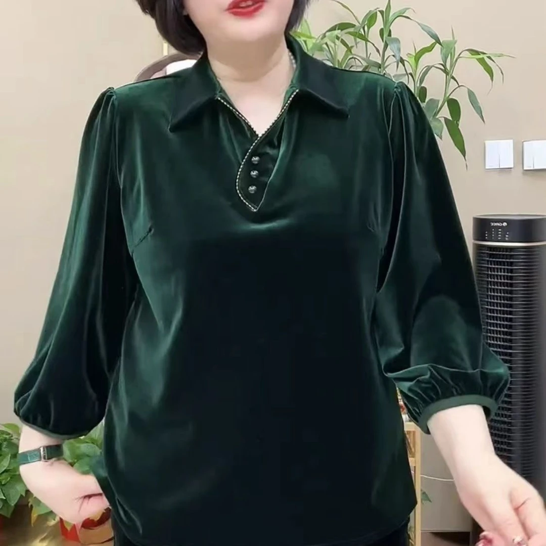 翻领中老年女装国风丝绒妈妈装宽松休闲修身洋气时尚气质长袖上衣