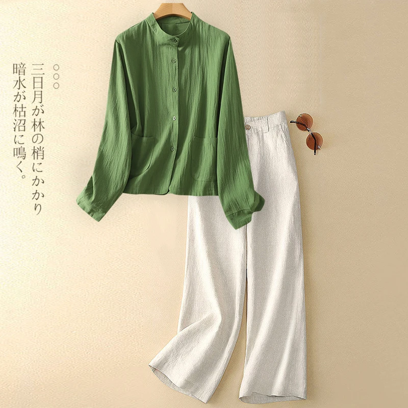 洋气时尚苎麻亚麻套装女士秋装妈妈高端长袖衬衫休闲阔腿裤两件套