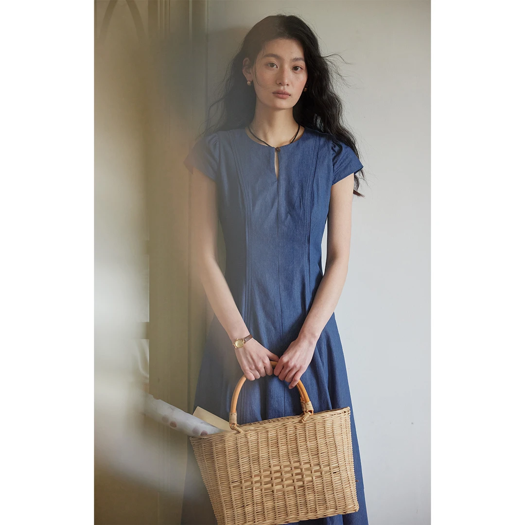 solighter 法式一粒扣圆领收腰连衣裙夏季5I0412L10X1[ZB2]