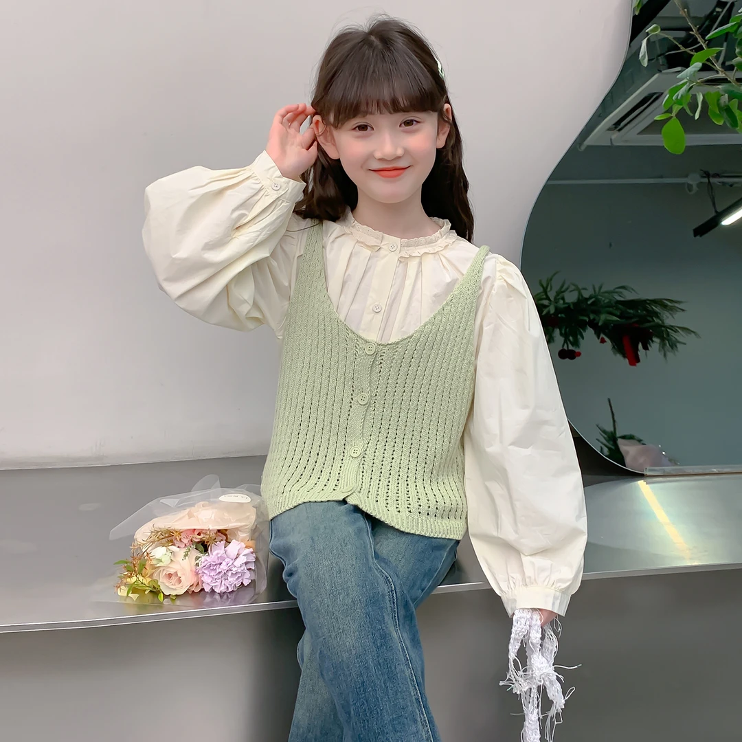 女童春秋款上衣2025春季款女孩甜美风洋气长袖薄款圆领衬衫Q13078