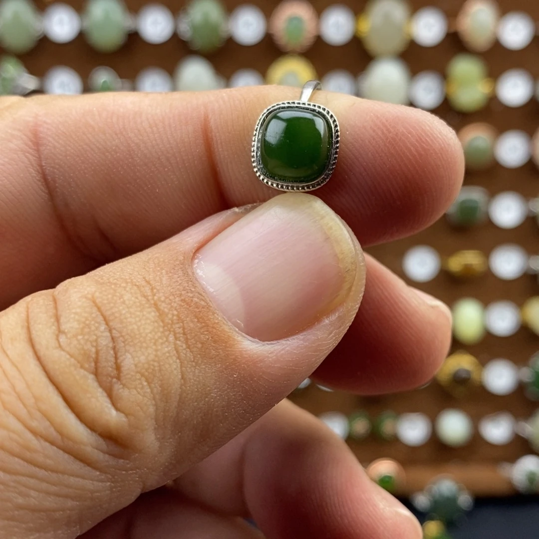 和田玉（碧玉）戒指银S925镀金镶嵌