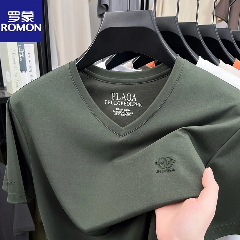 罗蒙高档含桑蚕丝t恤男短袖夏季新款休闲中年男士V领无痕半袖体恤