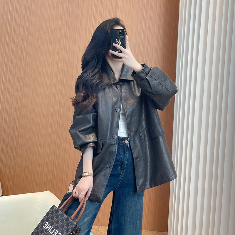 皮衣外套女款2025新款中长款宽松通勤百搭休闲时尚一手长春秋风衣