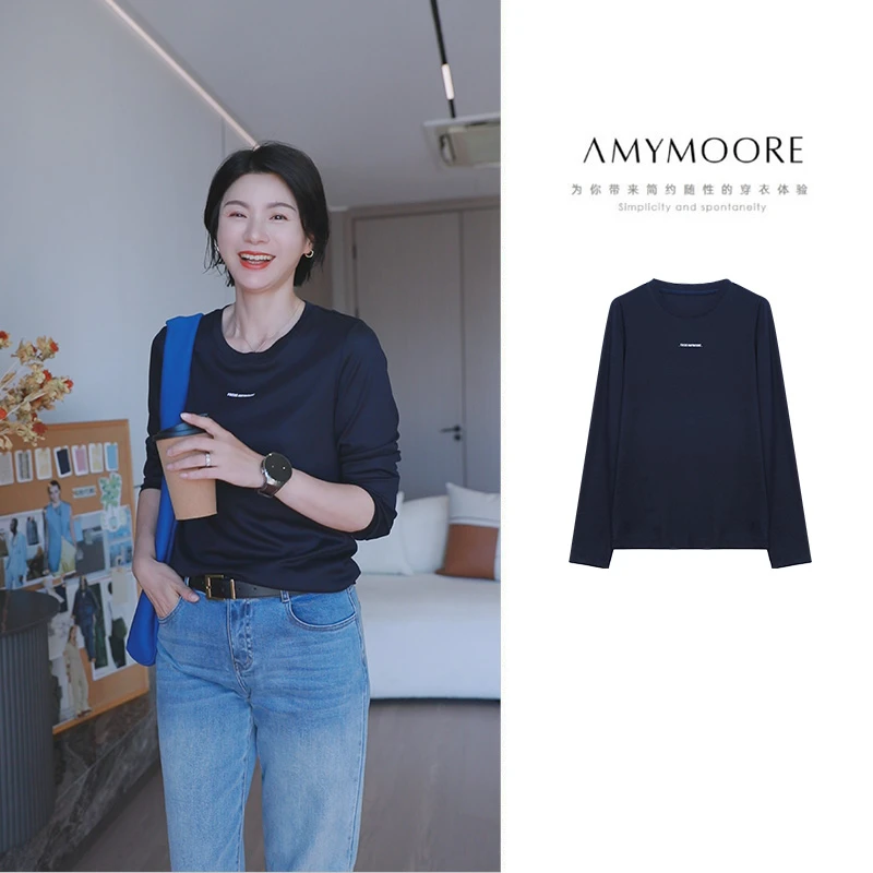 AMYMOORE艾莫尔2025年秋季女装T恤长袖打底衫简约休闲百搭381273