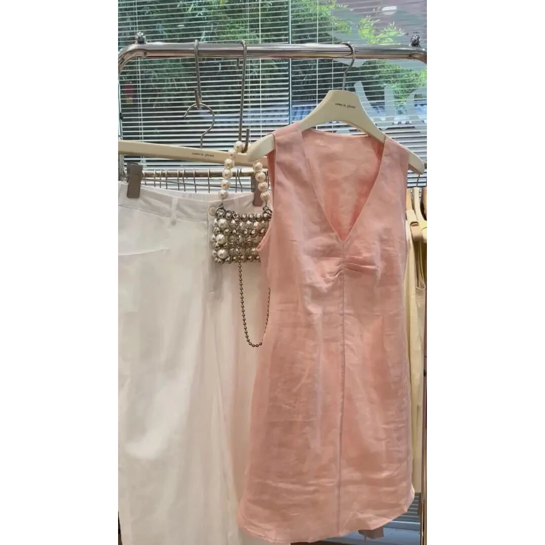 2025夏季新款韩系小个子V领褶皱背心连衣裙叠穿显瘦无袖a字短裙子