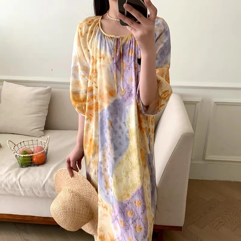 睡裙女夏季薄款沙滩长裙绵绸睡衣春秋天女士度假风绵绸大码家居服