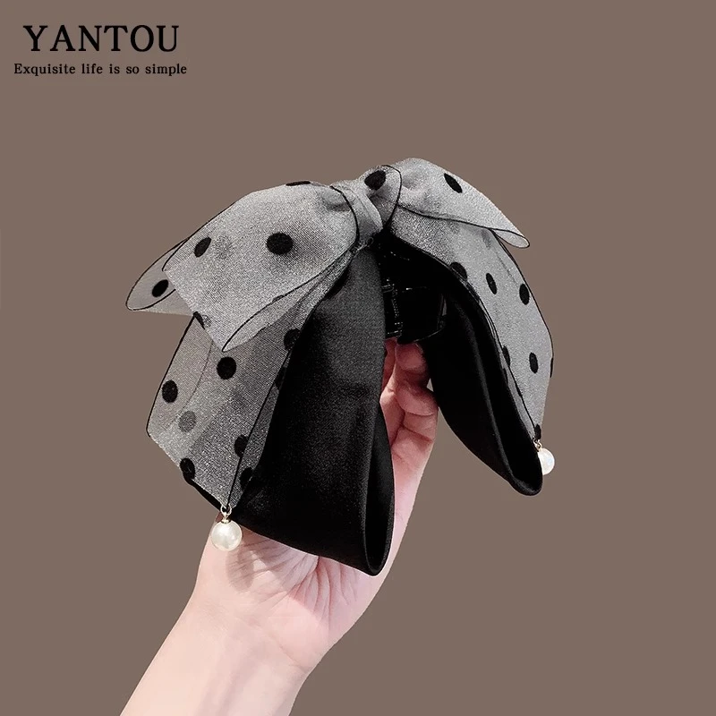 韩式新款波点蝴蝶结网纱珍珠马尾夹时尚多层甜美高级感半扎发发夹