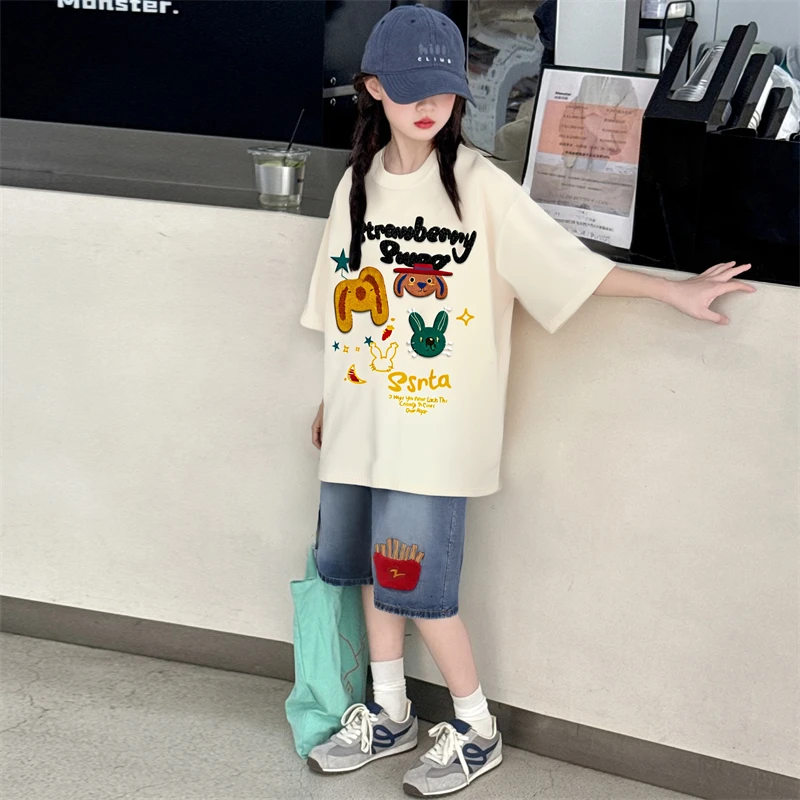 女童夏装套装6-12岁15洋气夏季短袖休闲小女孩运动牛仔短裤两件套