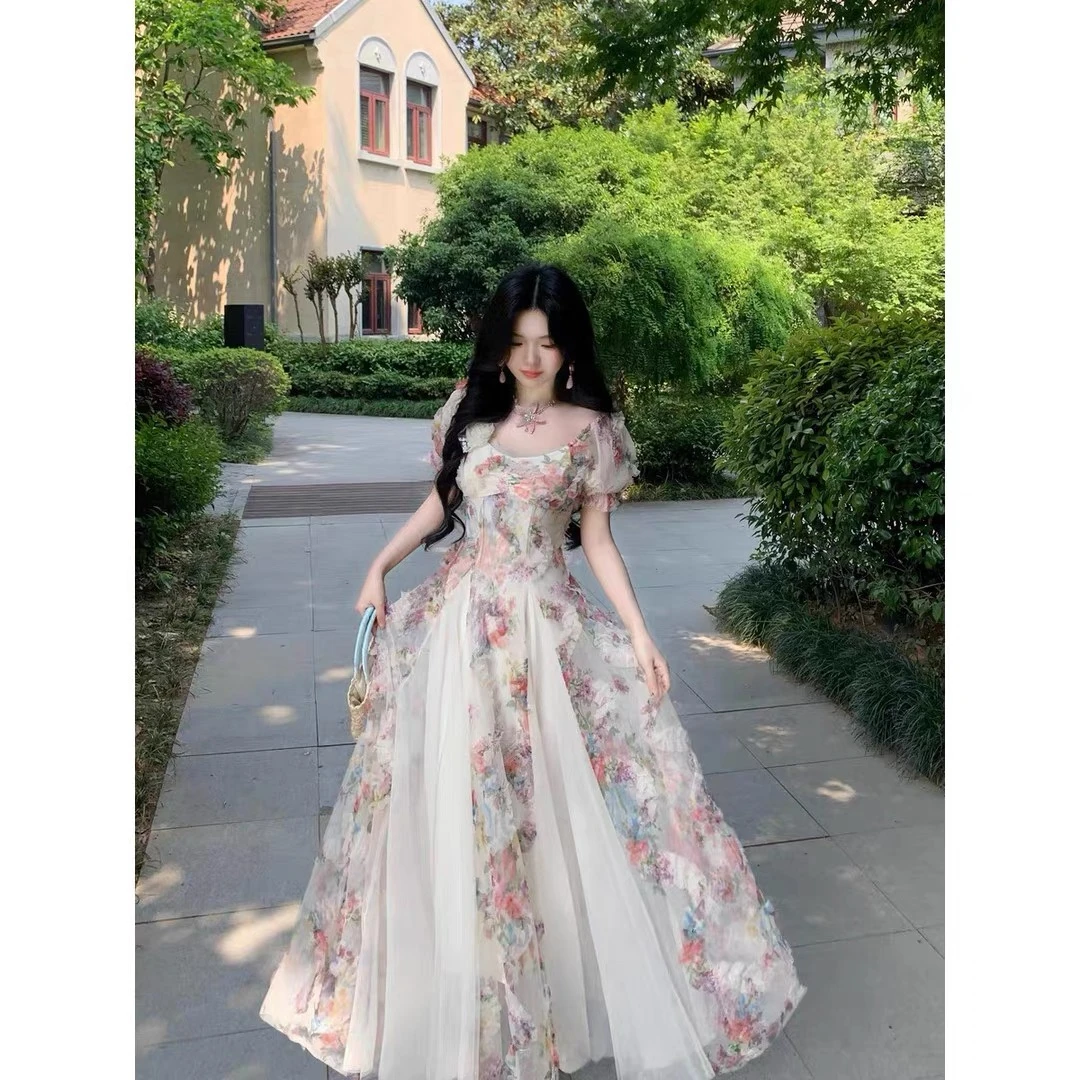 哆米 花屿漫游法式浪漫微胖MM重工立体花朵网纱拼接感连衣裙夏