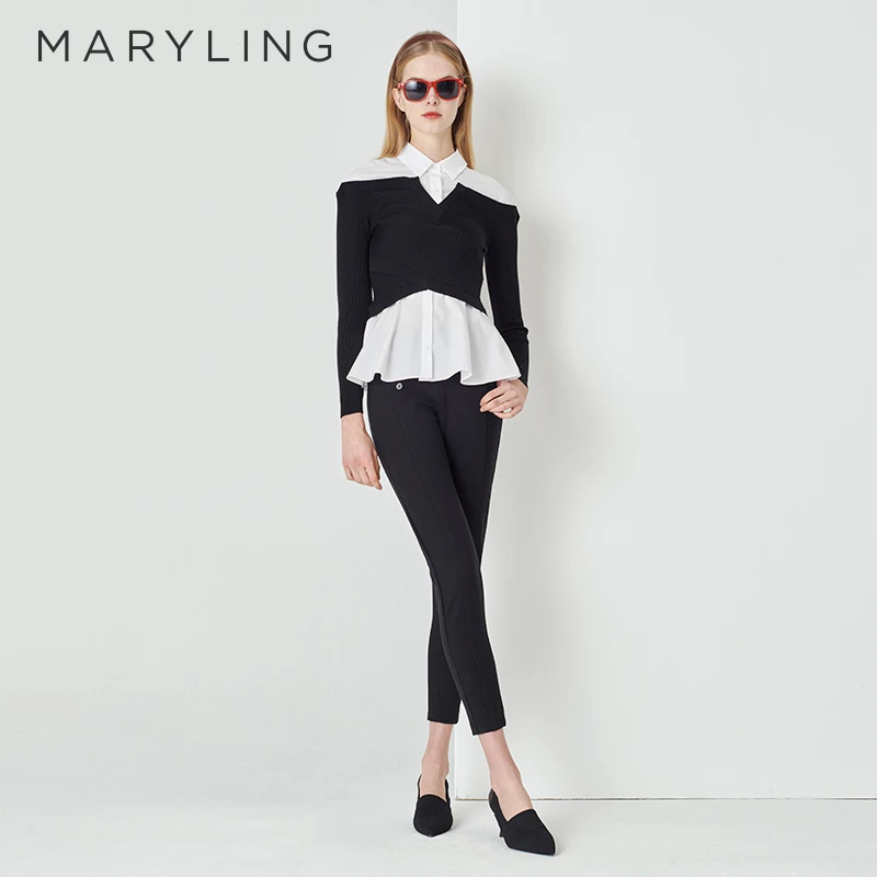 MARYLING玛俪琳秋黑白撞色针织假两件衬衫polo领上衣A1DAW26080