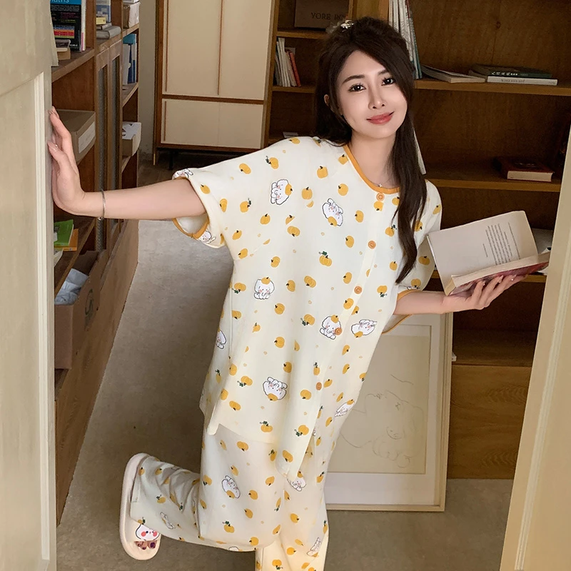 夏天新款睡衣女款短袖圆领长裤可外穿舒适宽松大码孕妇家居服套装