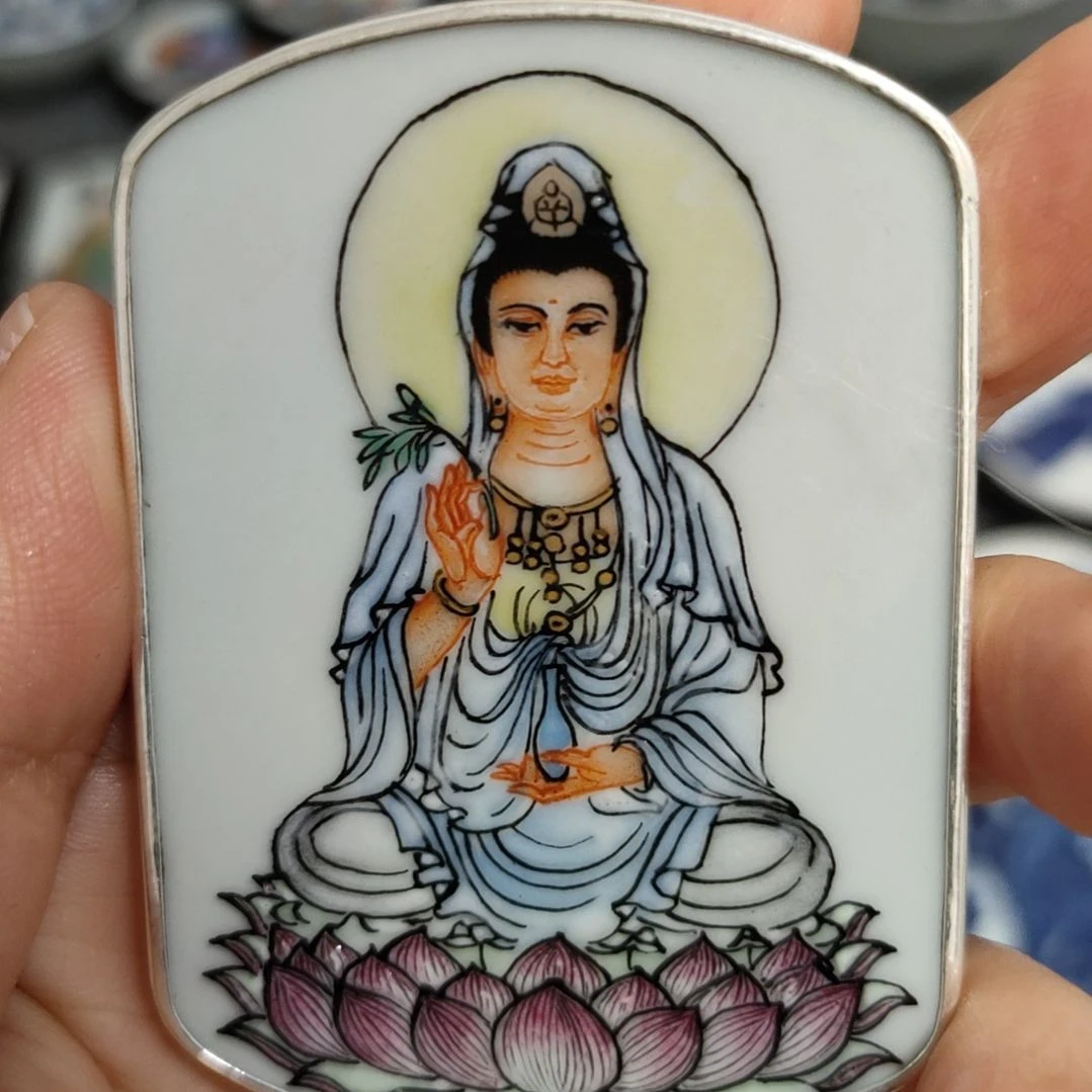 瓷片义粉彩观音菩萨挂件